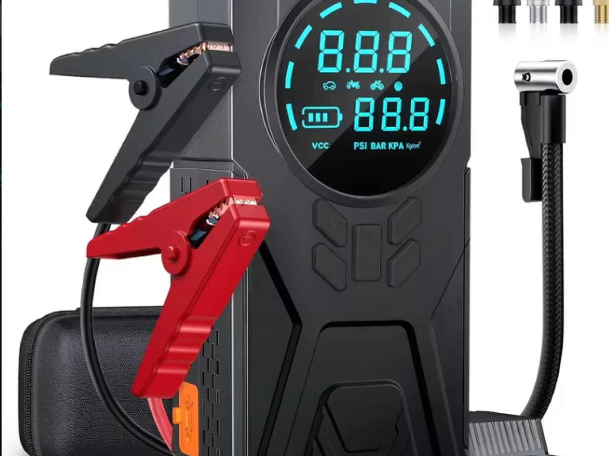 A versatile car emergency starter featuring an air compressor, capable of delivering a peak current.