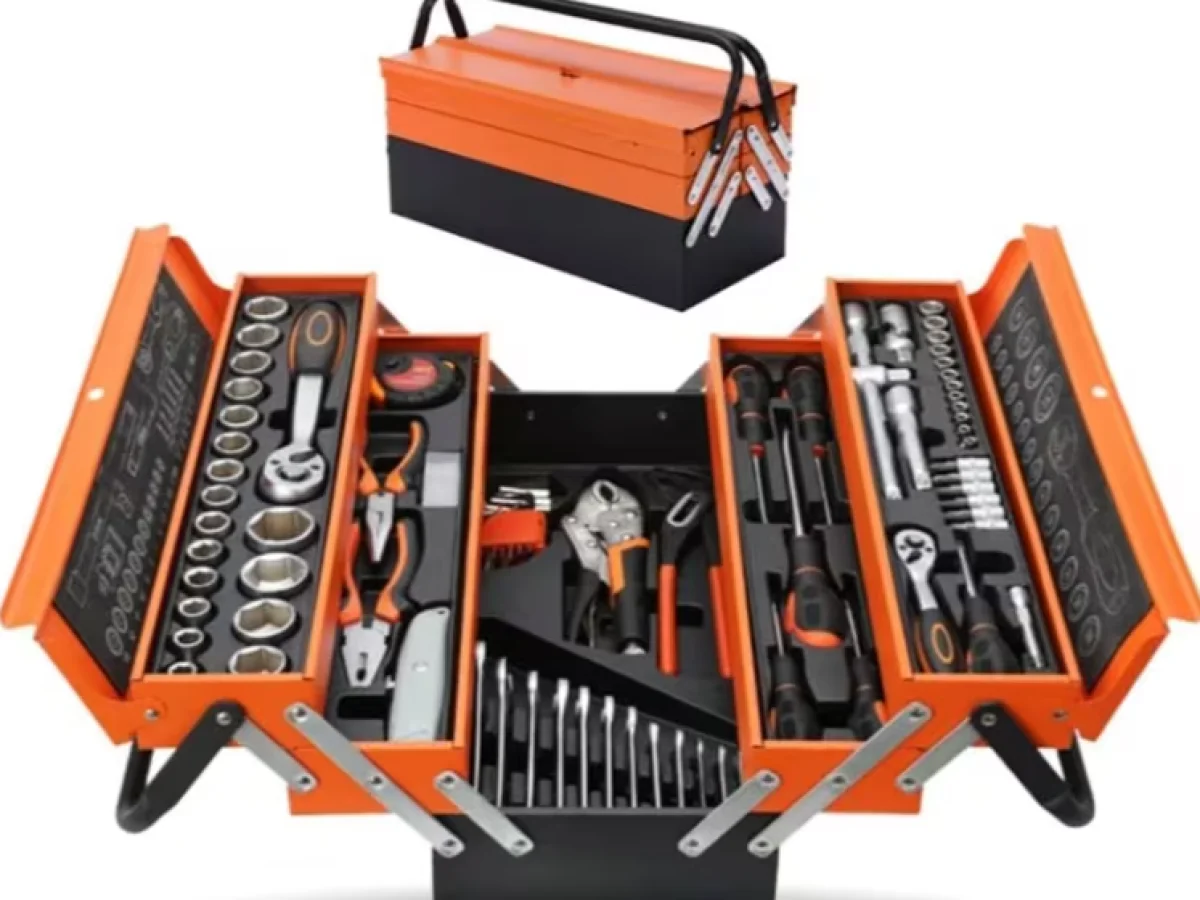 85-Piece Car Kit 3-Layer Folding Metal Toolbox Chrome Vanadium Steel Auto Home Set Portable Mult