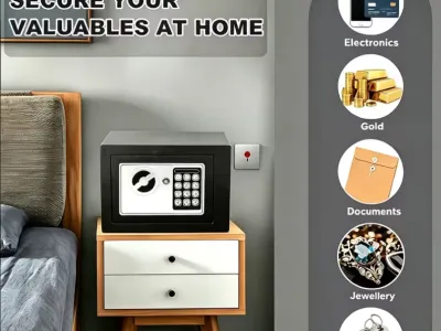 Sturdy steel security safe box, anti-pry electronic password and key dual lock, wall-mountable home.