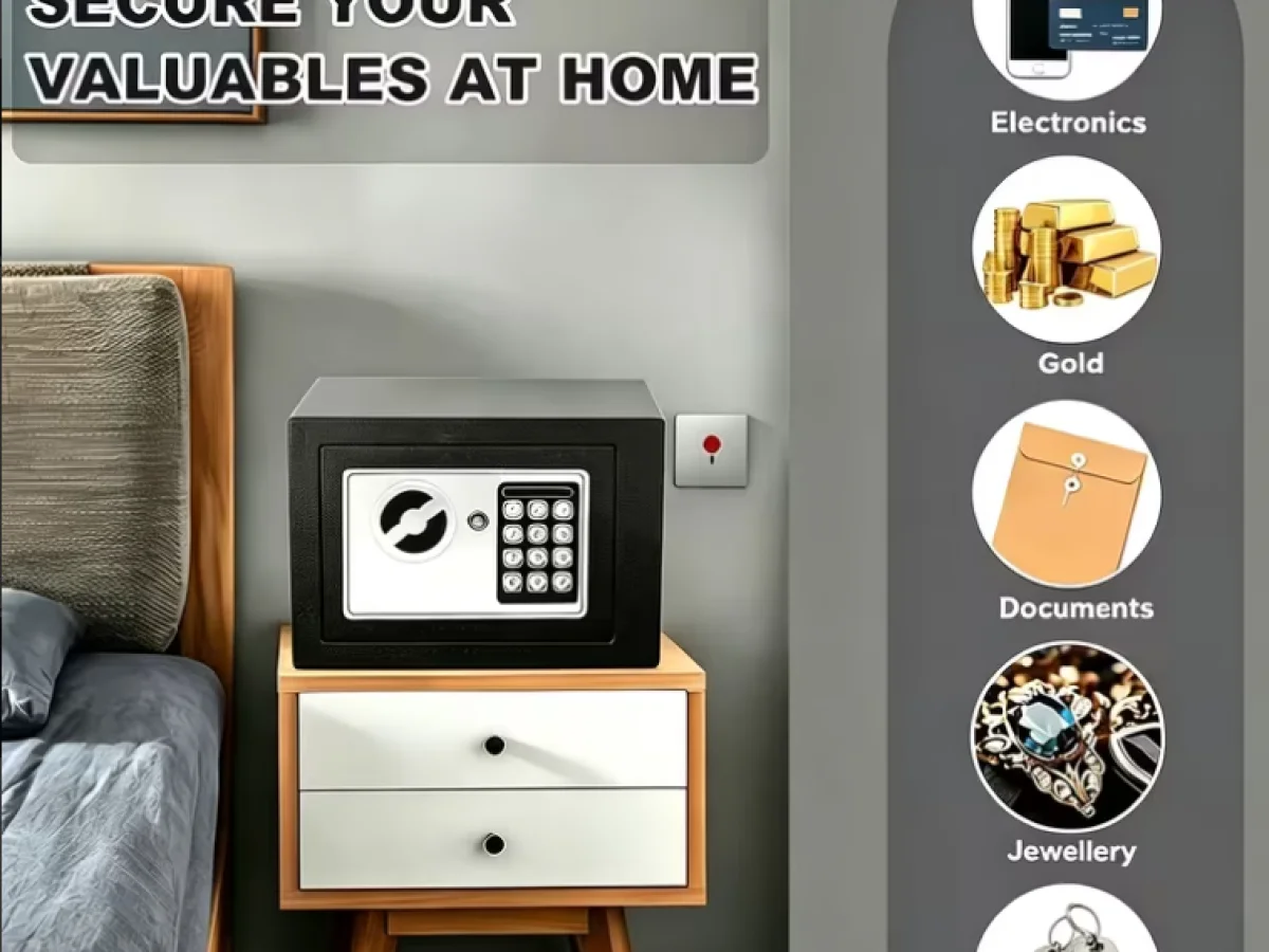 Sturdy steel security safe box, anti-pry electronic password and key dual lock, wall-mountable home.